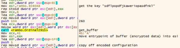 The key “sdflpopdfjkaweriopasdfnkl” is loaded, which is eventually used to decrypt the buffer using tiny encryption algorithm (TEA).